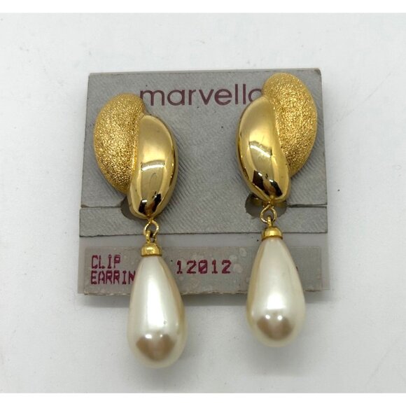 Vintage Faux Pearl Teardrop Earrings Marvella Gold-Tone Clip-On Elegant Bridal - Picture 10 of 12
